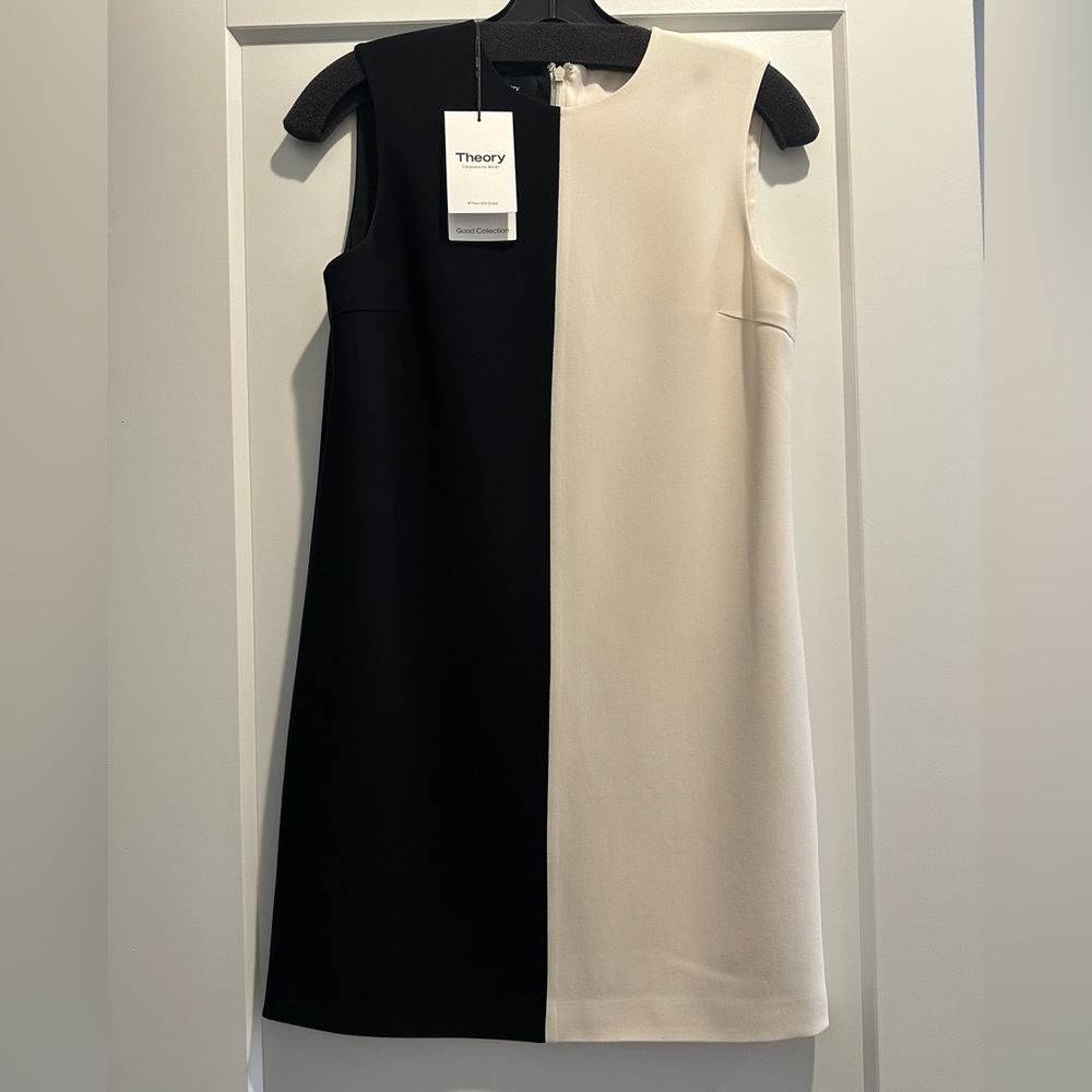 Theory Black and Cream Split Shift Admiral Crepe Dress